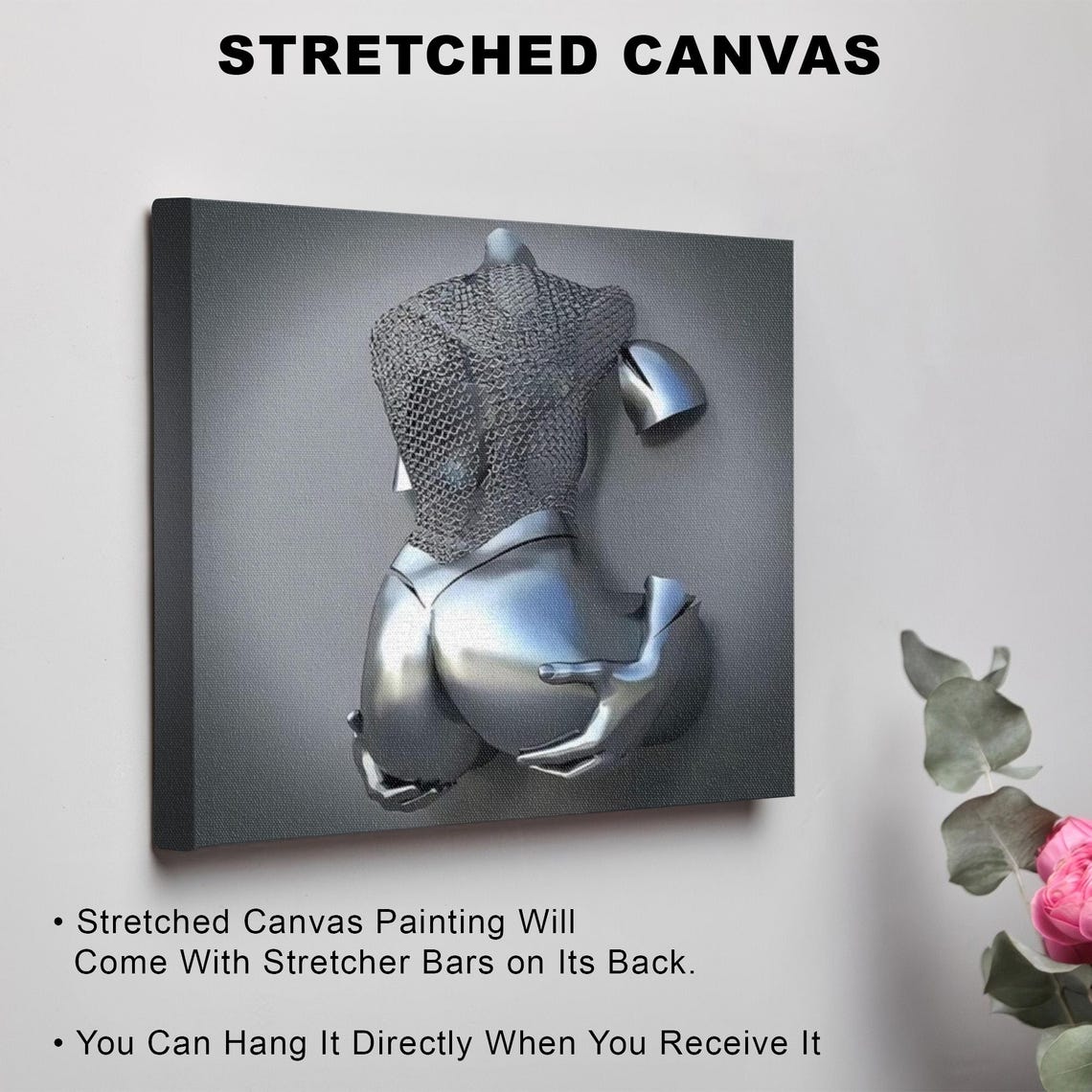 Silver Chrome 3D Surreal Female Torso Sculpture On Gray Poster - Image 3