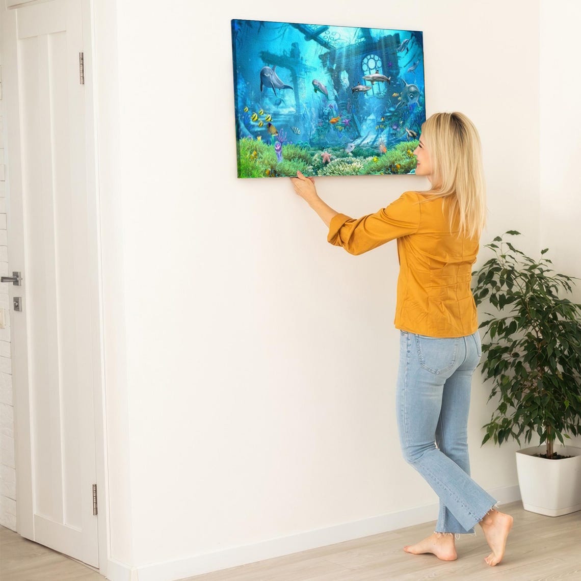 Dolphins Swimming Through Sunken Ancient Ruins Painting Poster - Image 5