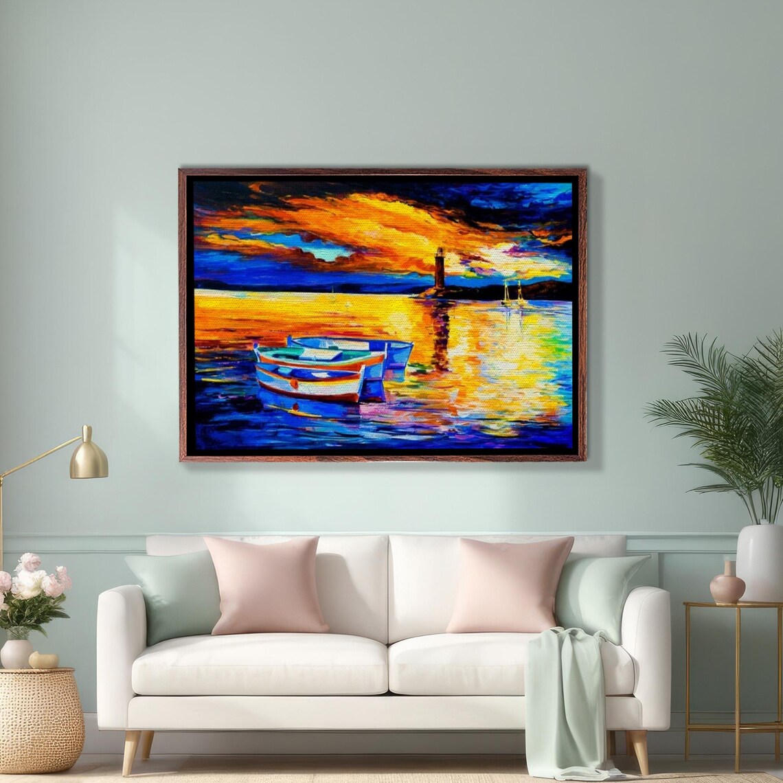 Fiery Sunset Ocean With Boats Lighthouse Harbor Scene Wall Art