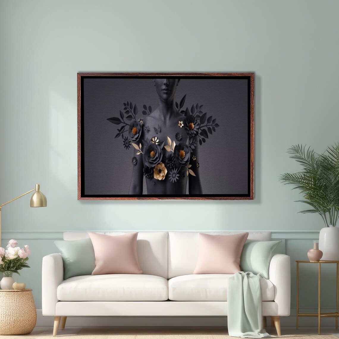 Black Female Bust With Dark Floral Arrangement Moody Wall Art