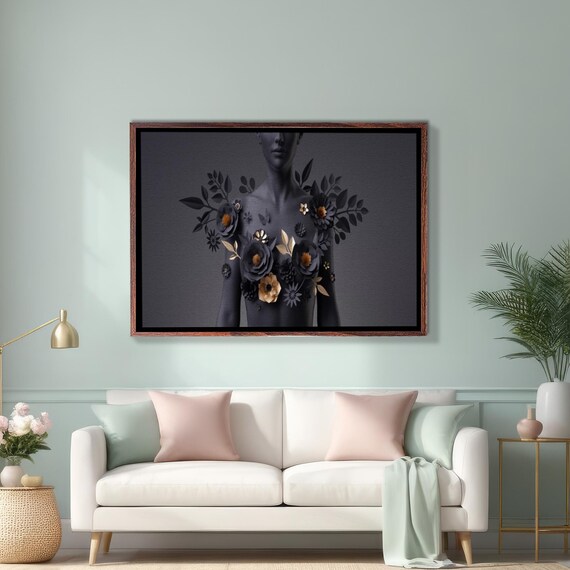Black Female Bust With Dark Floral Arrangement Moody Wall Art