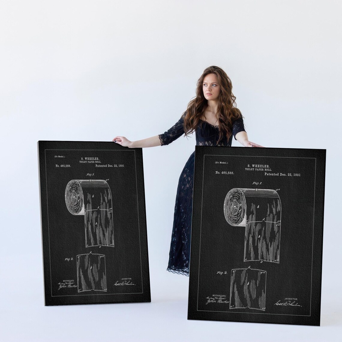 Vintage 1891 Toilet Paper Roll Patent Diagram on Black Poster - Image 5