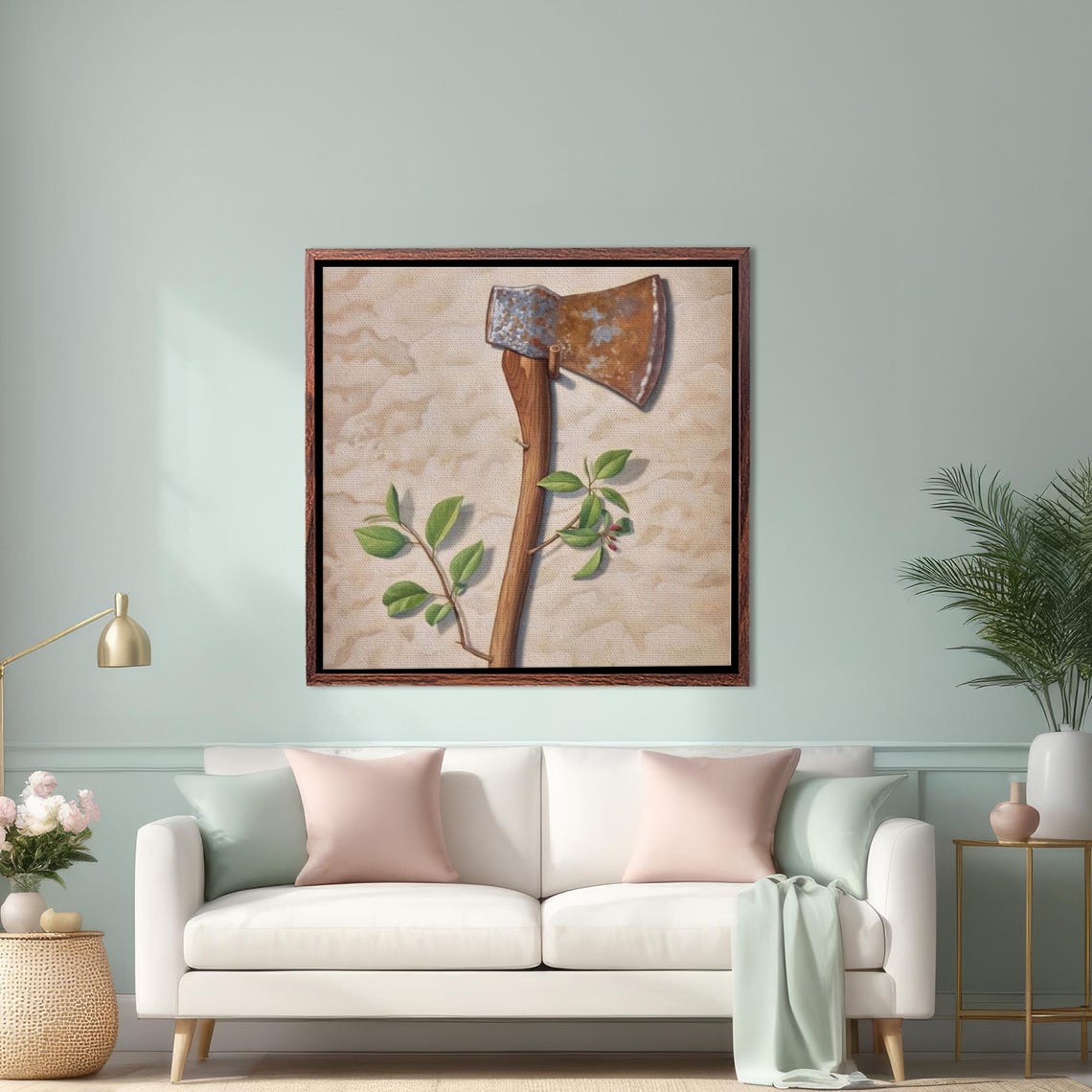 Blooming Rusty Axe With Green Sprout Vintage Botanical Art Poster