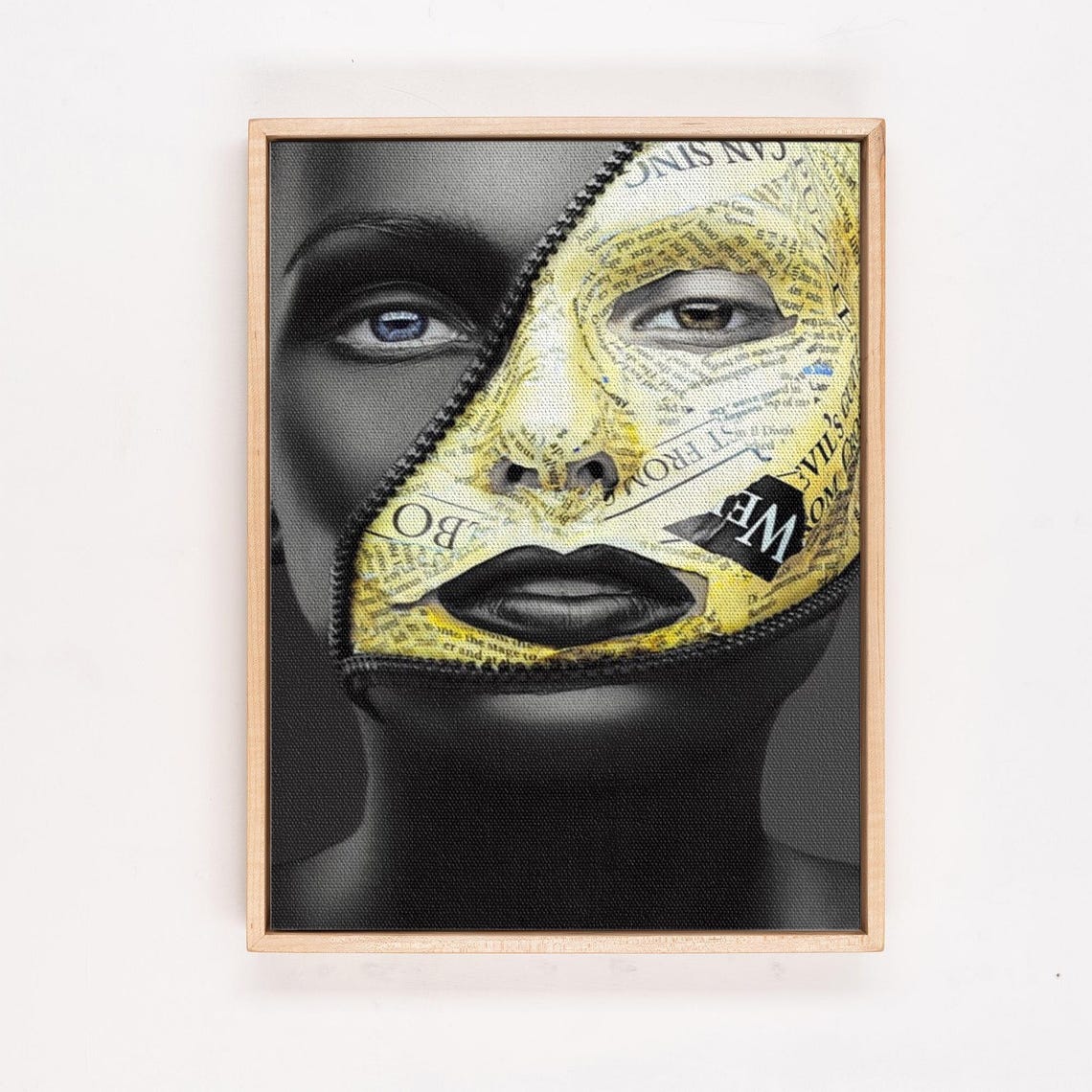 Surreal Zipper Face Portrait With Newspaper Texture Modern Art Poster - Image 4