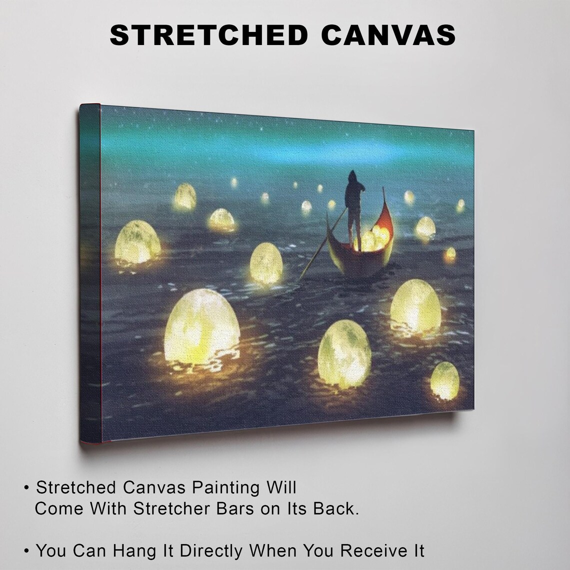 Man Collecting Glowing Fallen Moons From A Boat Surreal Night Art Poster - Image 3