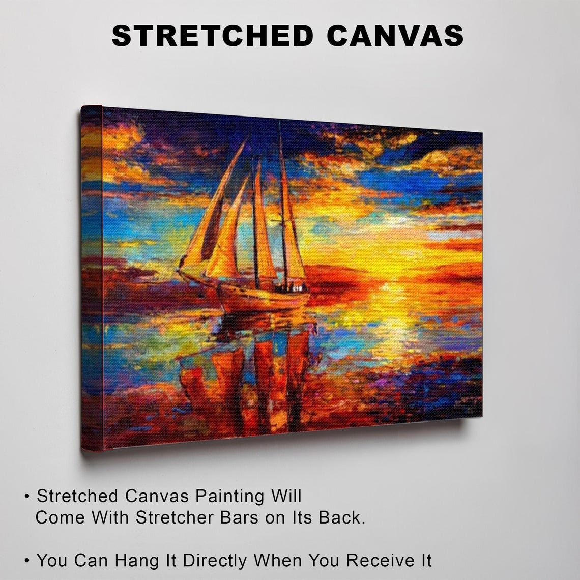 Lone Sailboat Sailing At A Fiery Orange Sunset On The Sea Poster - Image 3