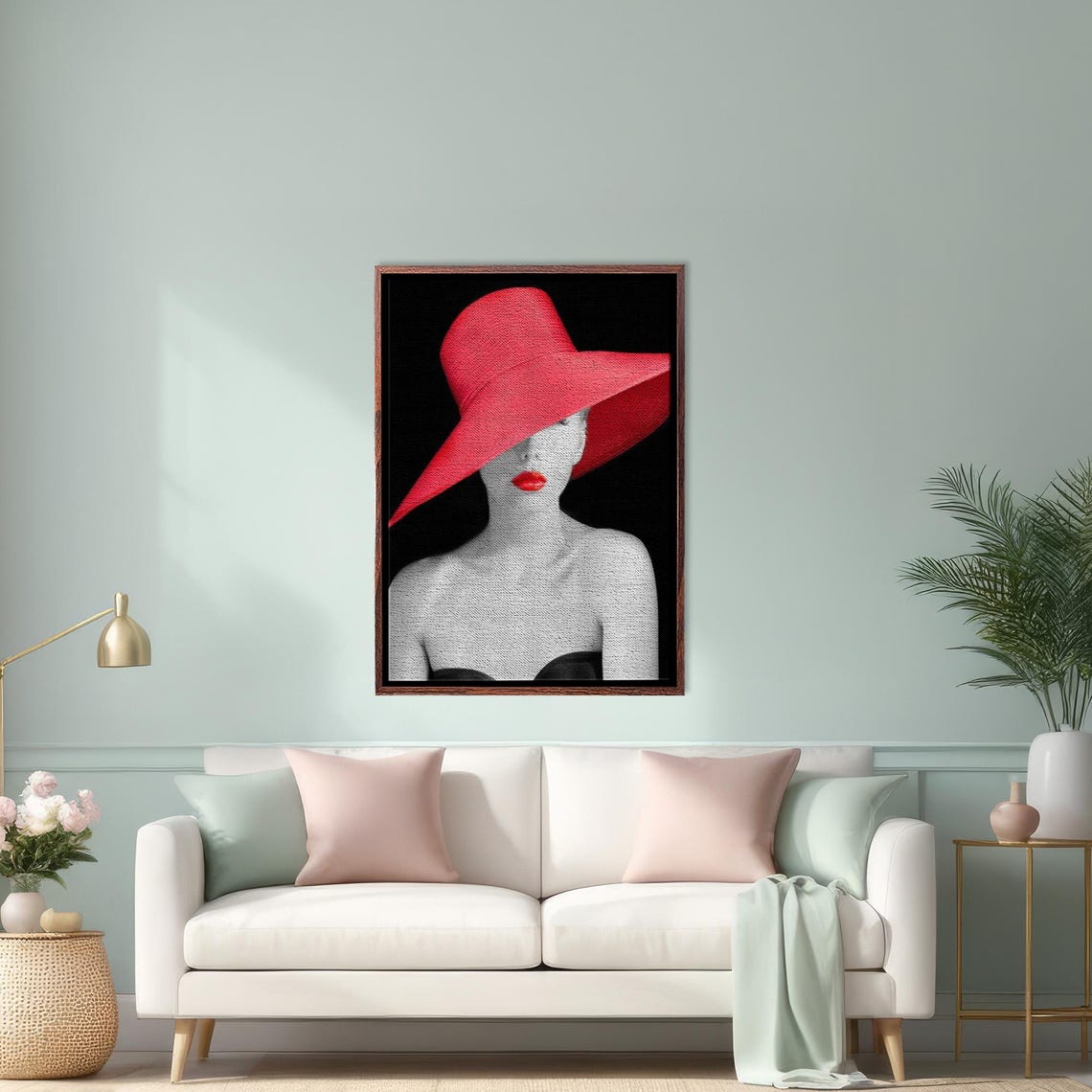 Elegant Woman in Red Hat and Red Lips Black Background Poster
