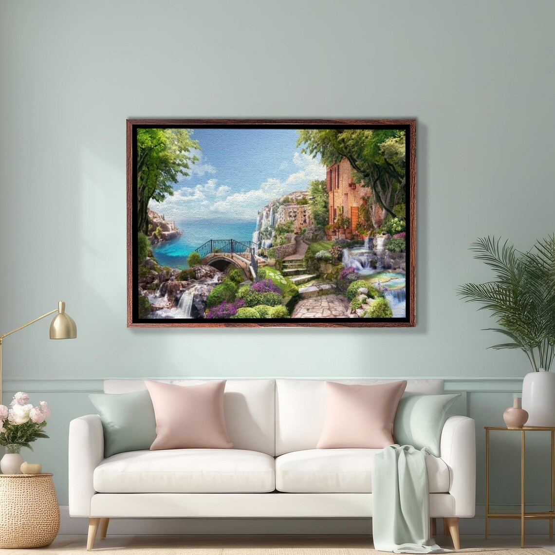 Italian Coastal Town With Stone Bridge Waterfalls And Flowers Poster