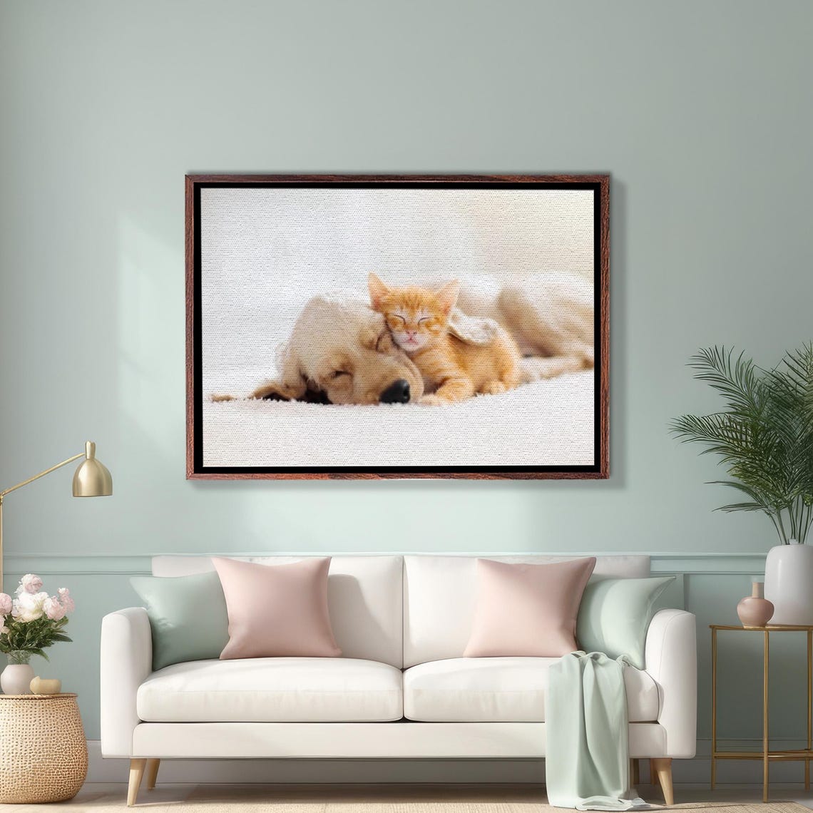 Golden Retriever Puppy Napping Beside a Tiny Ginger Kitten Poster