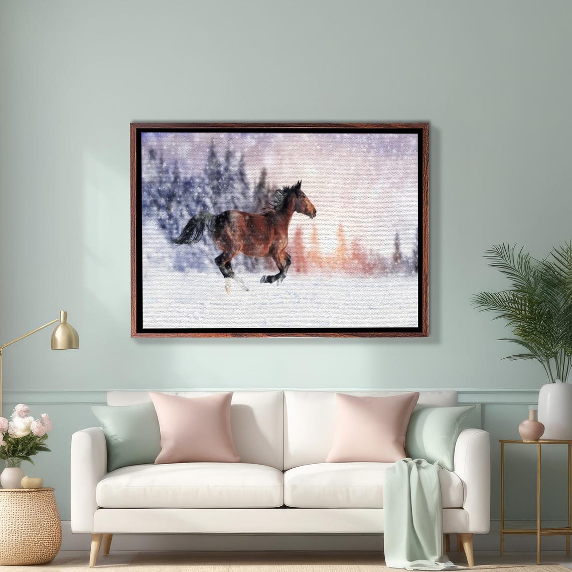 Chestnut Horse Galloping Through Deep Snow In Winter Forest Poster