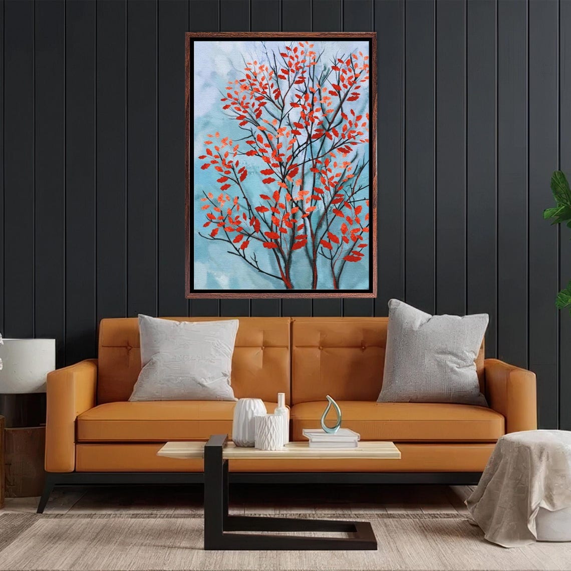Crimson Red Autumn Leaves Tree Against a Pale Blue Sky Poster - Image 2