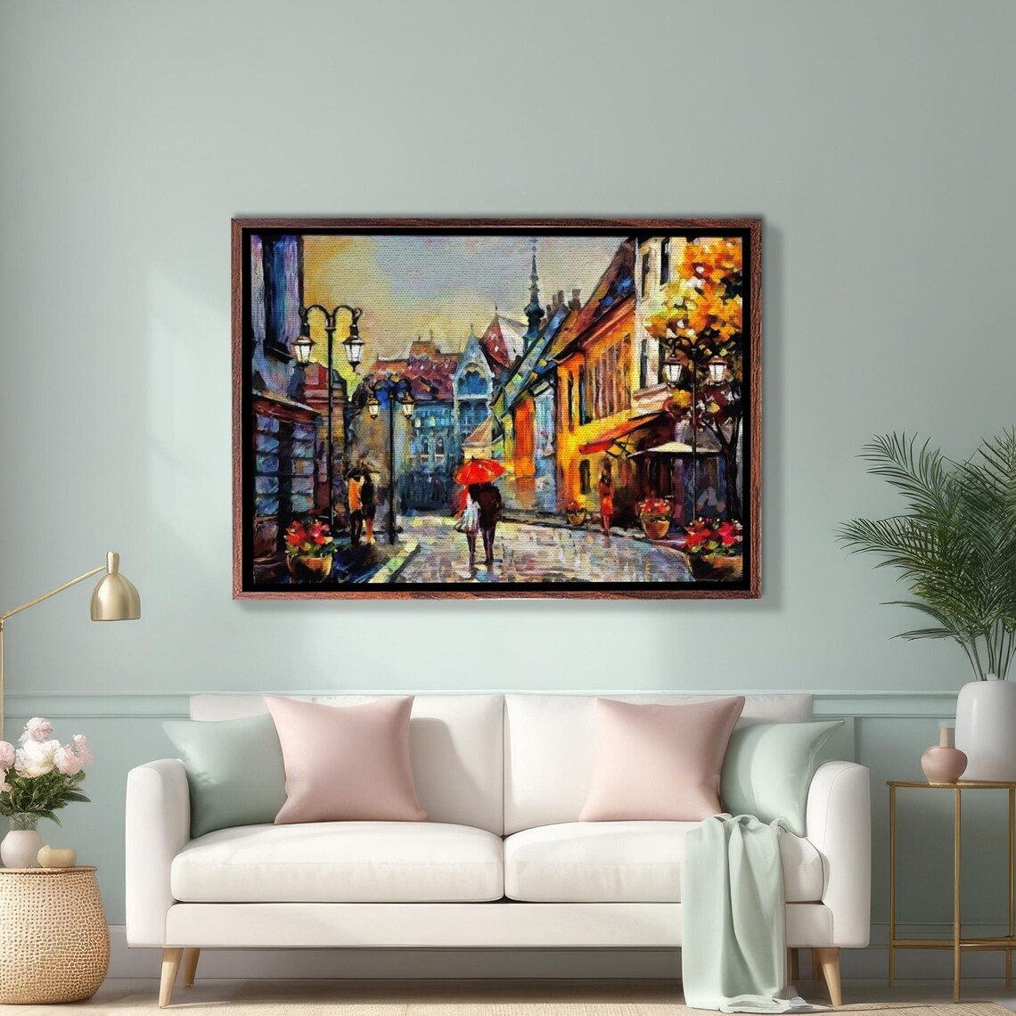Budapest Street With Red Umbrella Oil Painting Scene Art Poster