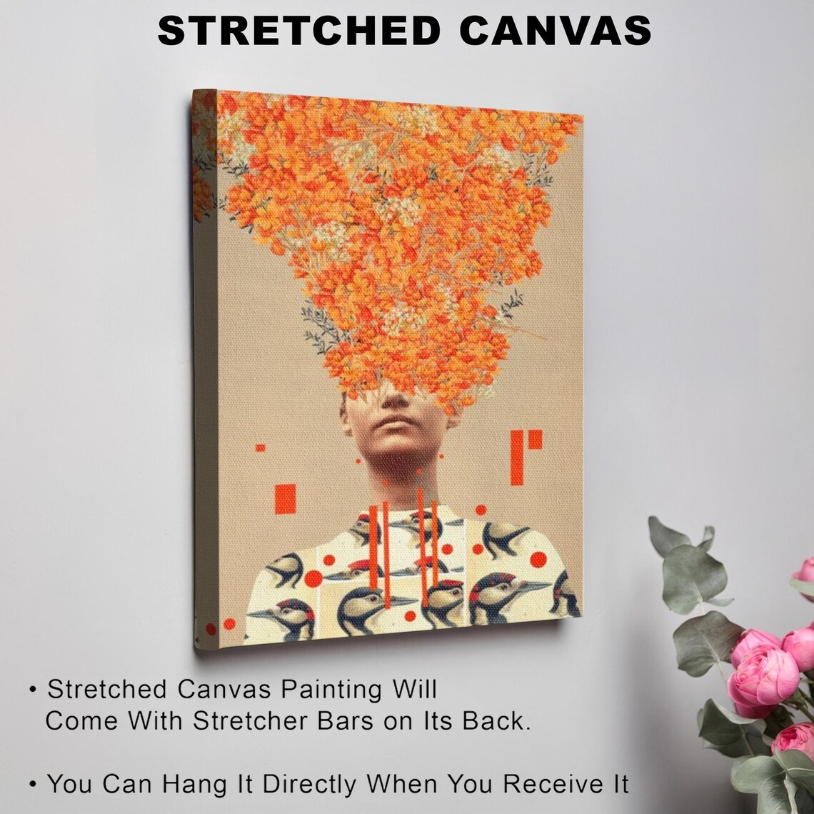Surreal Woman Portrait With Orange Flower Head And Birds Poster - Image 3