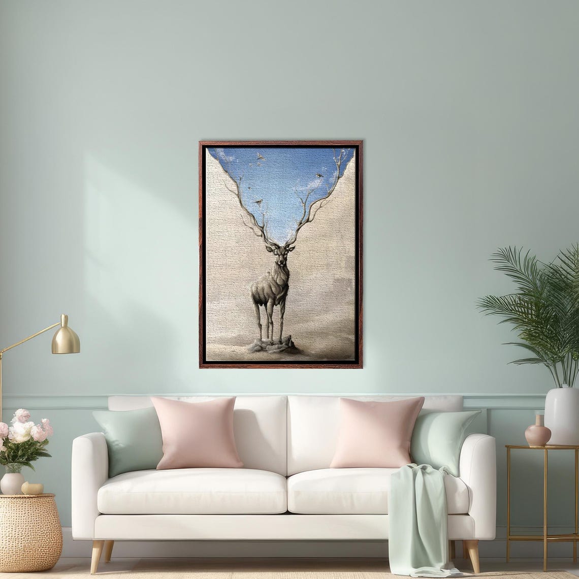 Surreal Deer with Antlers Dissolving into Birds and Blue Sky Poster