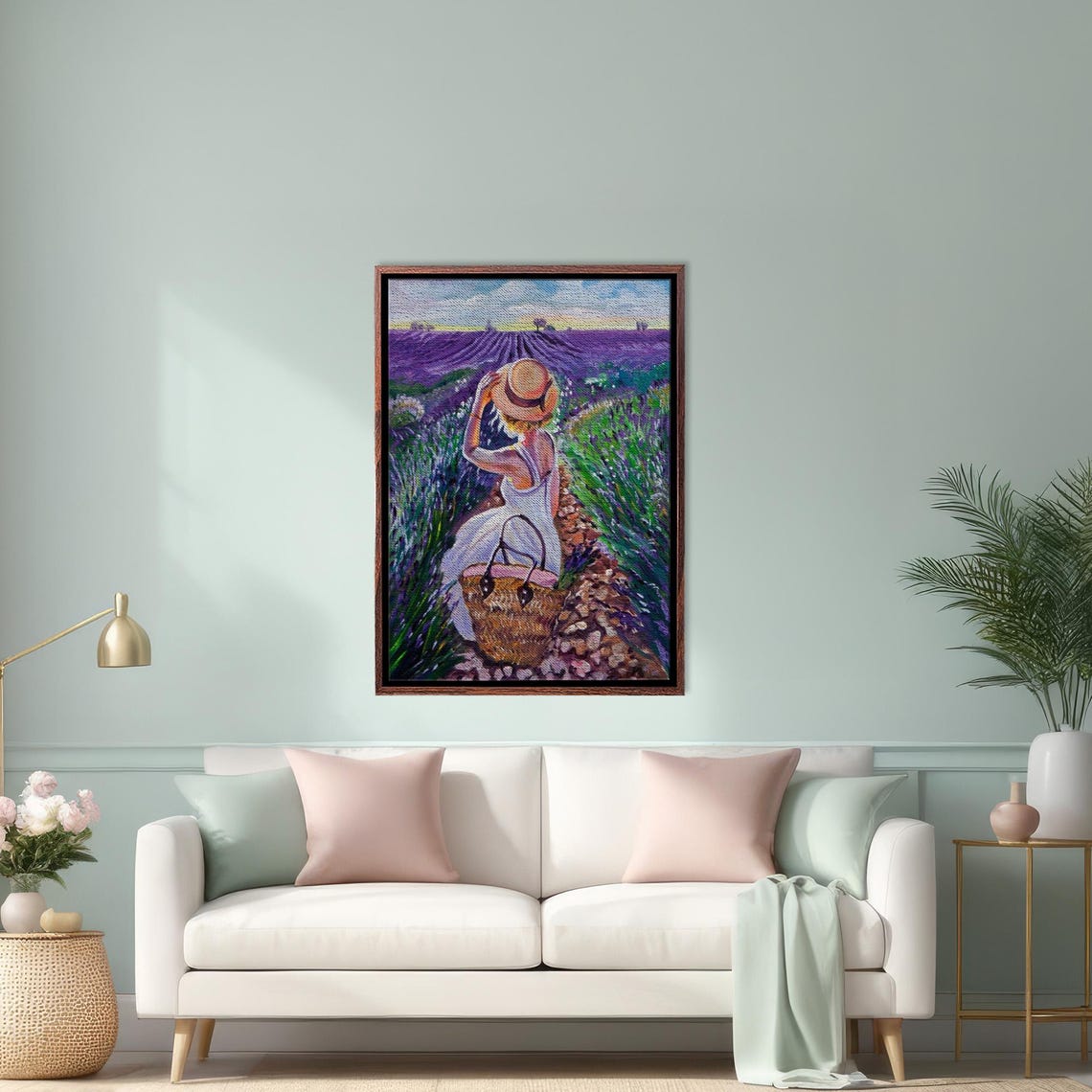 Woman In Straw Hat Sitting In Lavender Field At Sunset Poster