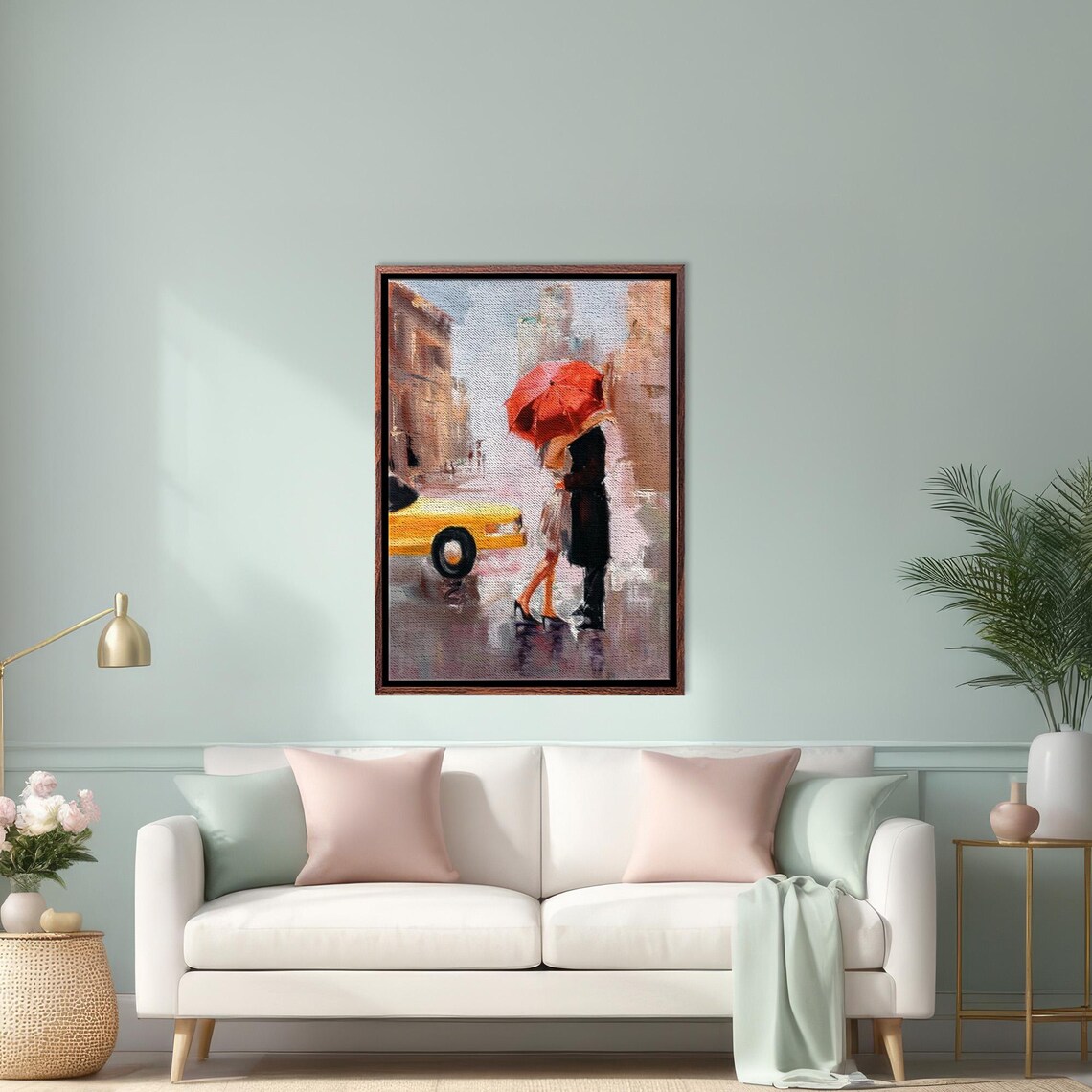 Reuniting Lovers Under Red Umbrella In Rainy City Street Art Poster