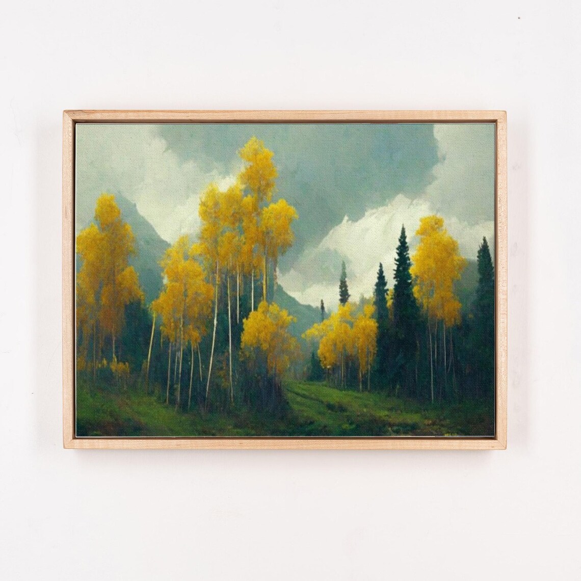 Golden Aspen Trees Among Dark Evergreens Forest Painting Poster - Image 4