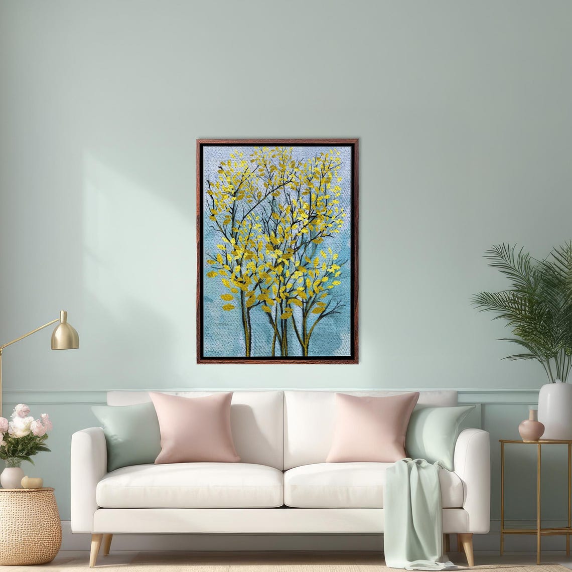 Yellow Leafed Birch Trees Painting on Blue Background Poster