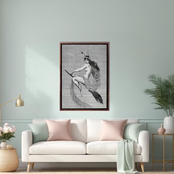 Vintage Witch on Broomstick Black and White Engraving Poster
