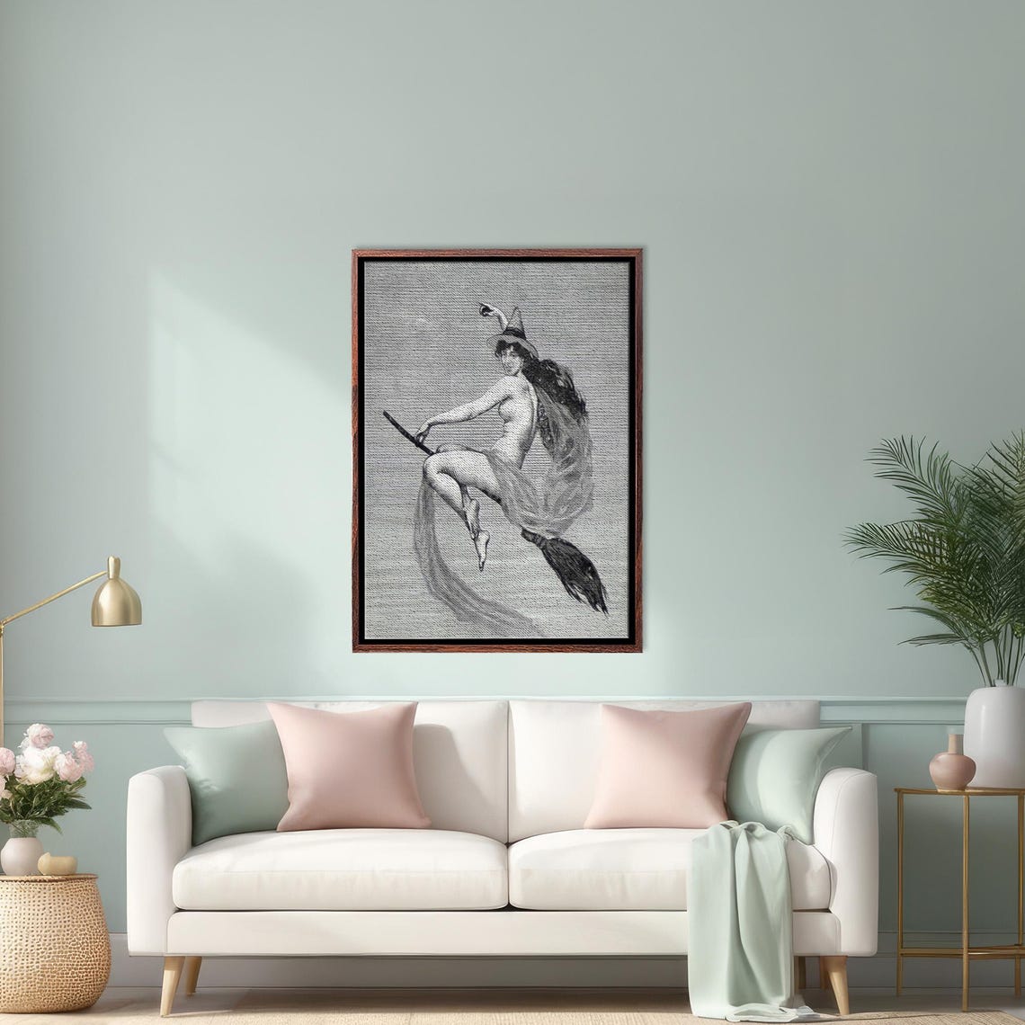 Vintage Witch on Broomstick Black and White Engraving Poster