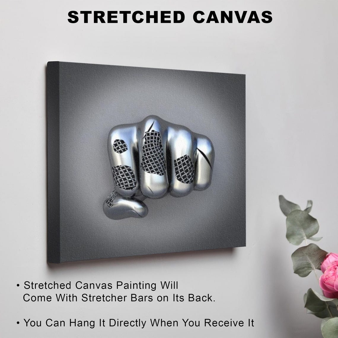 Metallic Silver 3D Clenched Fist Sculpture on Gray Backdrop Poster - Image 3