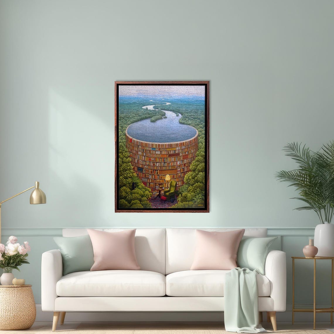 Surreal Forest Library Cup With Winding River Painting Poster