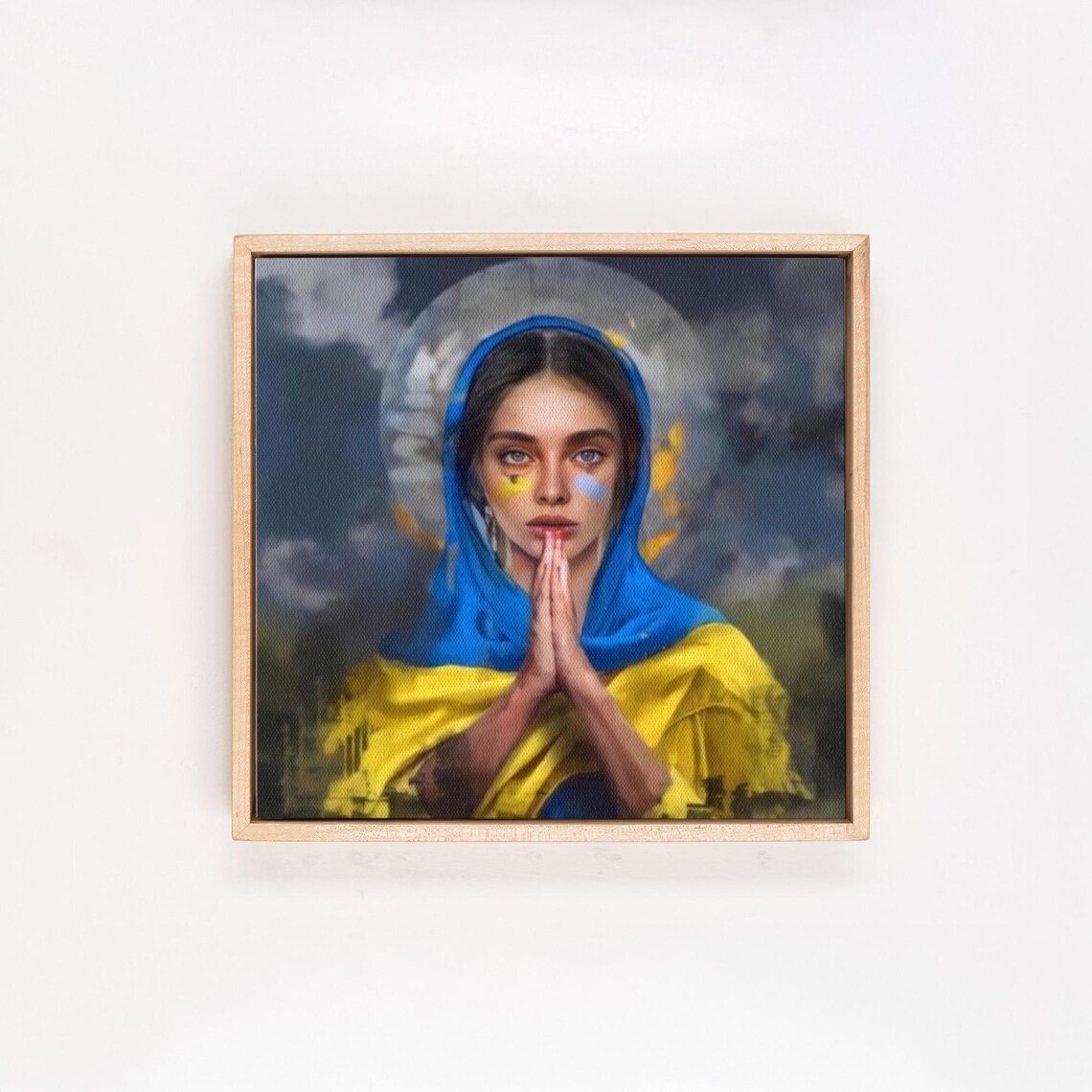 Praying Woman in Blue and Yellow Wrapped in Faith Portrait Poster - Image 4