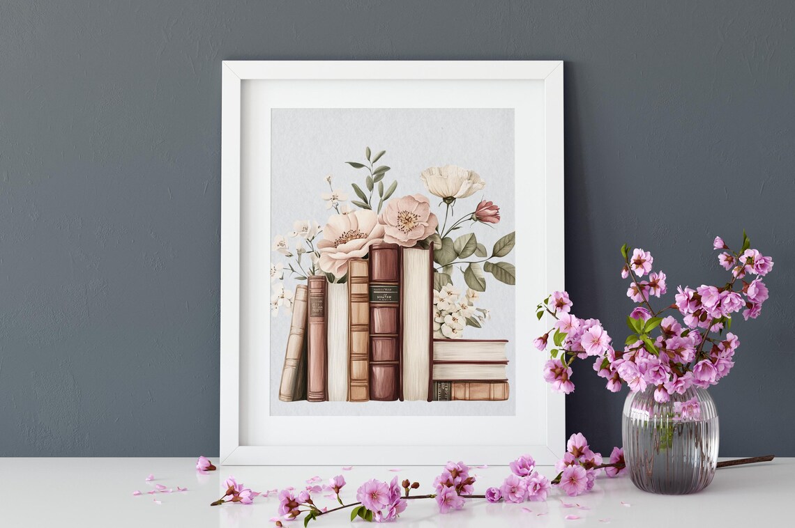 Calming Colors Stack Of Books Botanical Art Print - Image 2