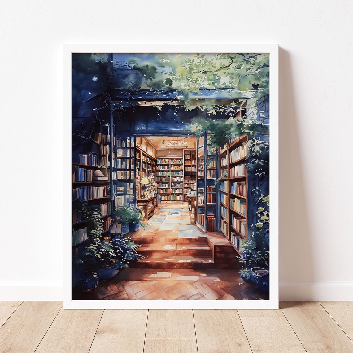 Sunlit Bookshop Interior Watercolor with Ladder Book Lover Poster - Image 2