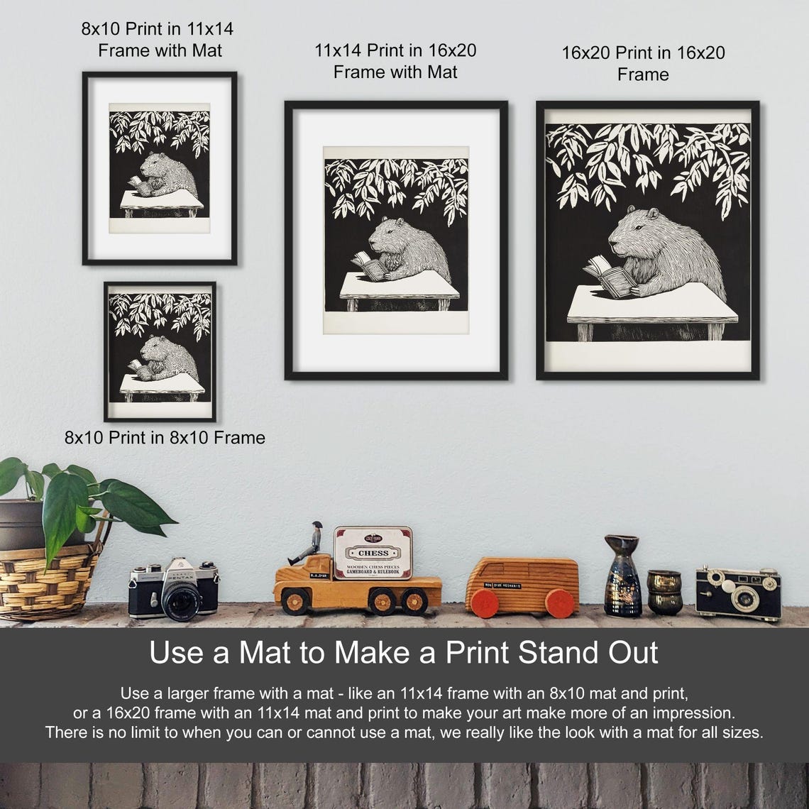 Capybara Reading a Book Black White Linocut Bookish Animal Poster - Image 3