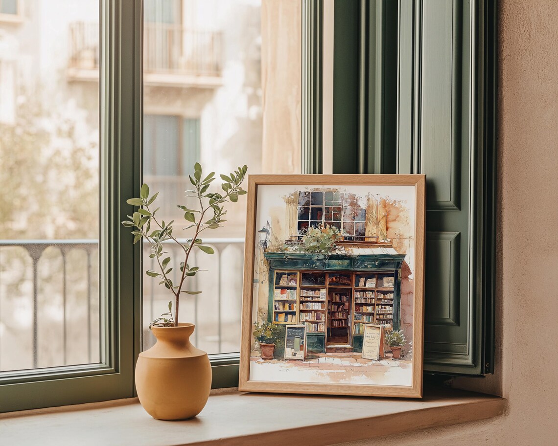 Charming Bookshop Exterior Watercolor Painting Bookish Reading Poster - Image 2