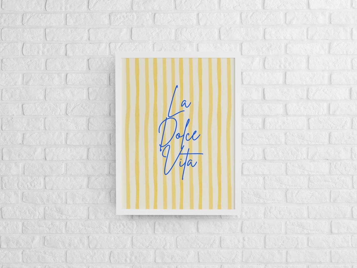 La Dolce Vita Blue Script on Yellow Stripes Italian Quote Poster