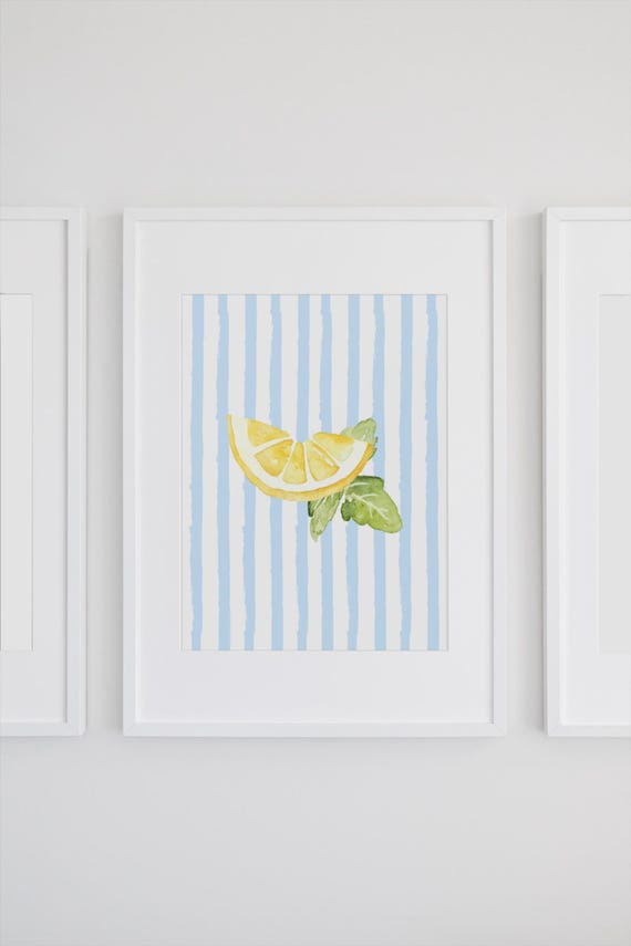 Blue Striped Lemon Print Instant Wall Art Trendy Decor Living Room Kitchen Childrens Amalfi