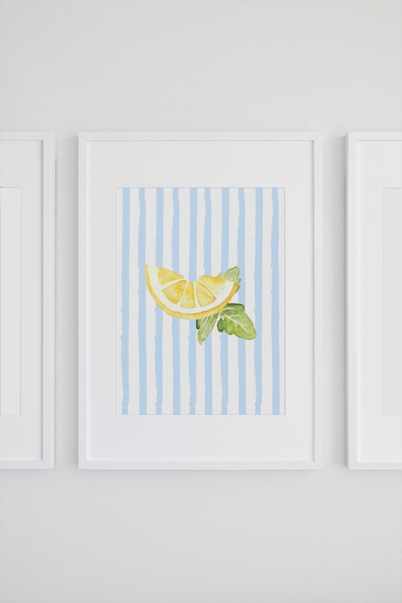 Lemon Slice Watercolor on Blue Stripes Citrus Kitchen Poster