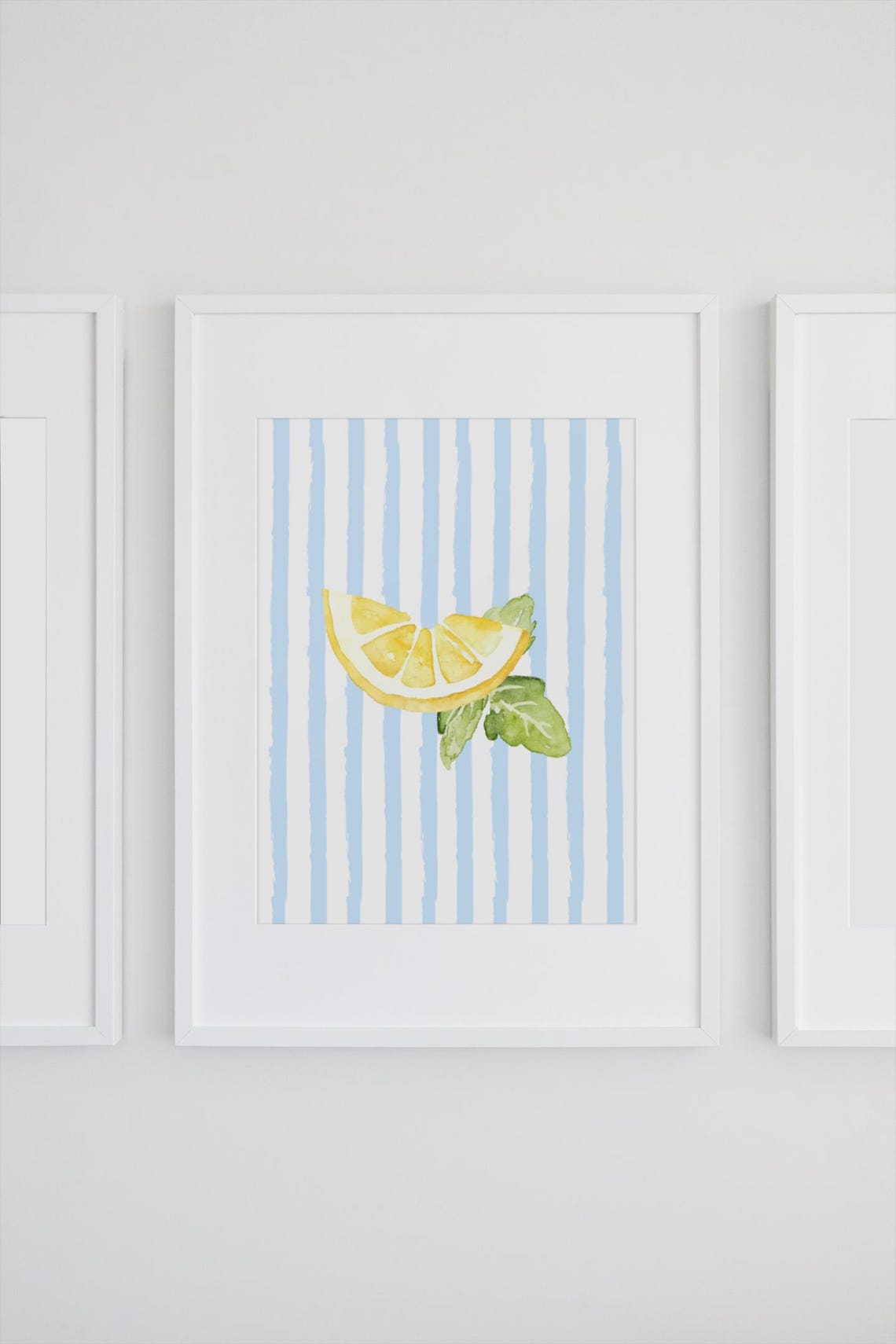 Lemon Slice Watercolor on Blue Stripes Citrus Kitchen Poster