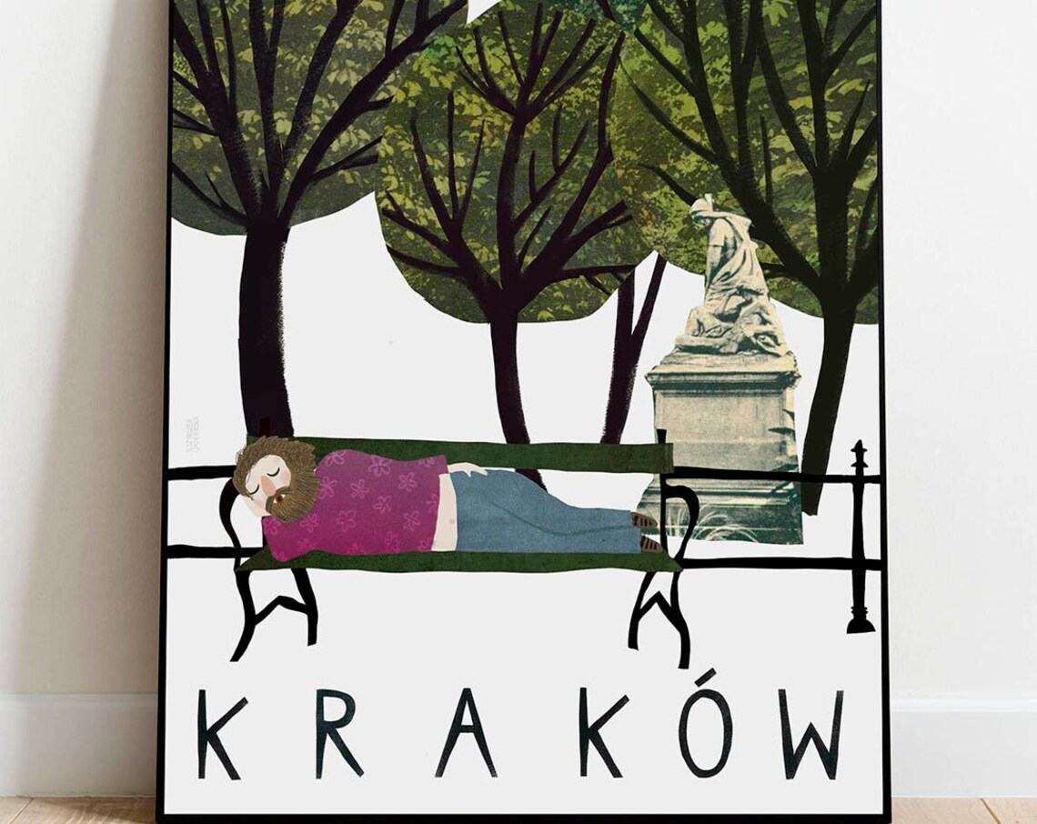 Krakow Poland Vintage Travel Poster, Planty Illustration
