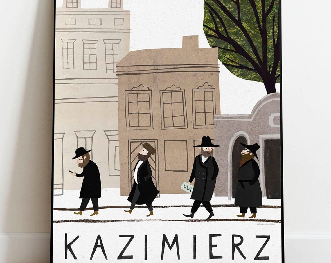 Kazimierz Krakow Jewish Quarter Street Scene Folk Travel Poster