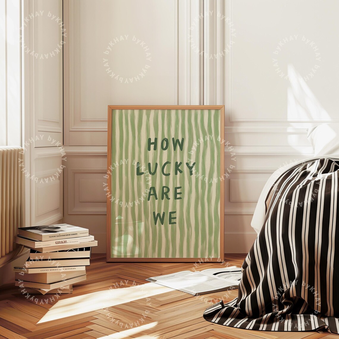How Lucky Are We Quote Art Print, Green Stripe - Image 3