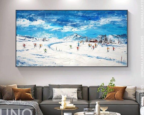 Original Ski Sport Acrylic Painting On Modern Oil Texture Wall Art Skier On Snowy Mountain Art Personalized Gift Home Deco