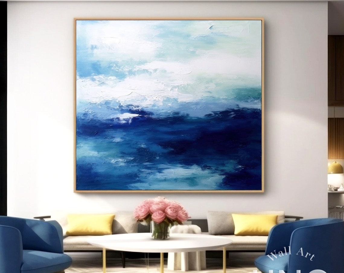 Deep Navy Blue Ocean Waves Textured Modern Abstract Sea Art Poster