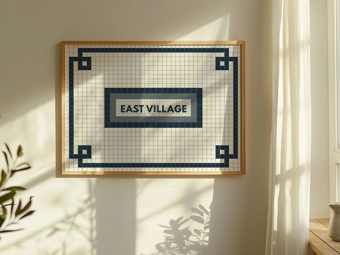 East Village New York Subway Tile Sign Navy White Retro Poster