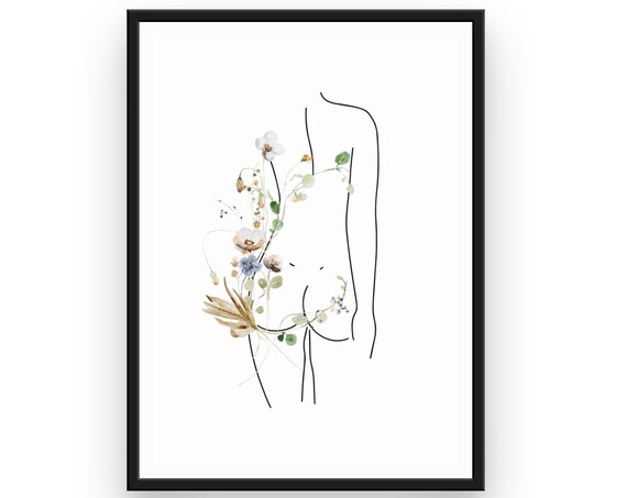 Nude Female Figure Line Art With Wildflowers Minimalist Poster