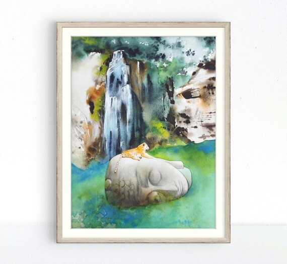 Tiger Resting on a Stone Buddha Head Waterfall Watercolor Poster