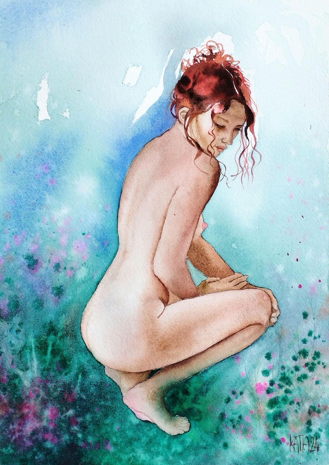 Crouching Nude Woman with Red Hair in Wildflowers Watercolor Poster