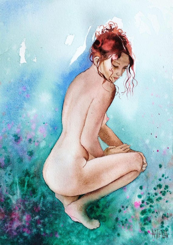 Original Watercolor Nude Woman Painting Sensual Back And Buttocks Woman Art In Green Blue Colors Wall Art Work