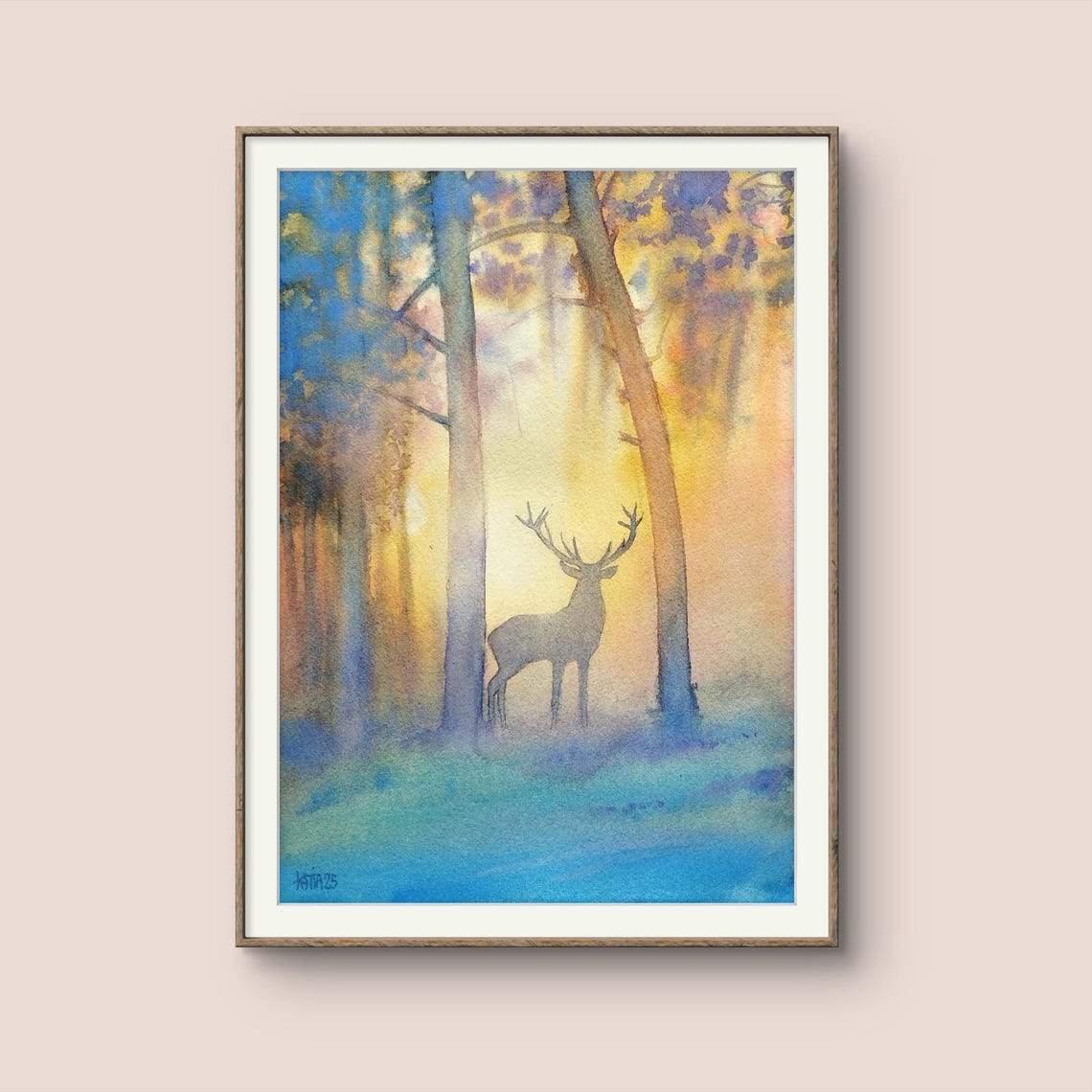 Deer In The Mist In The Forest Animal Painting In A Woodland Landscape Fairyland Original Watercolor Sun In The Trees Wall Art Handmade