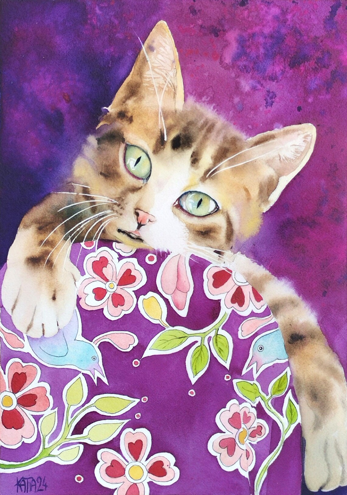 Tabby Cat Peeking Over A Purple Floral Cushion Watercolor Kitty Art Poster