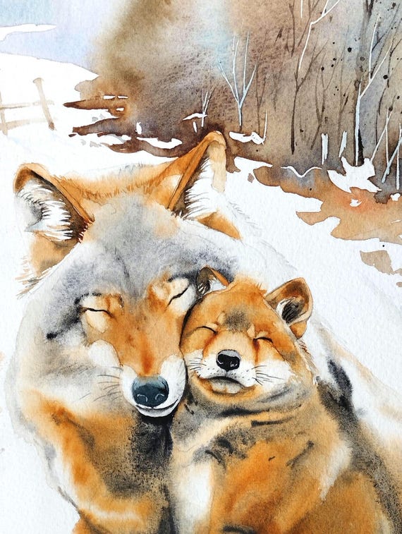 Painting Of Mother Wolf And Wolf Cub Tenderness Animal Portraits In A Snowy Landscape Original Watercolor Painting Wall Art