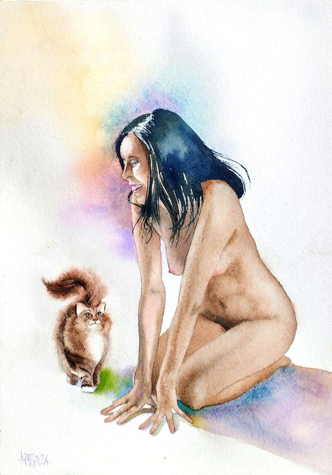 Original Watercolor Painting Of Naked Woman With Her Cute Cat Friendship Tenderness Company Blue Brown Colors Wall Art Handmade