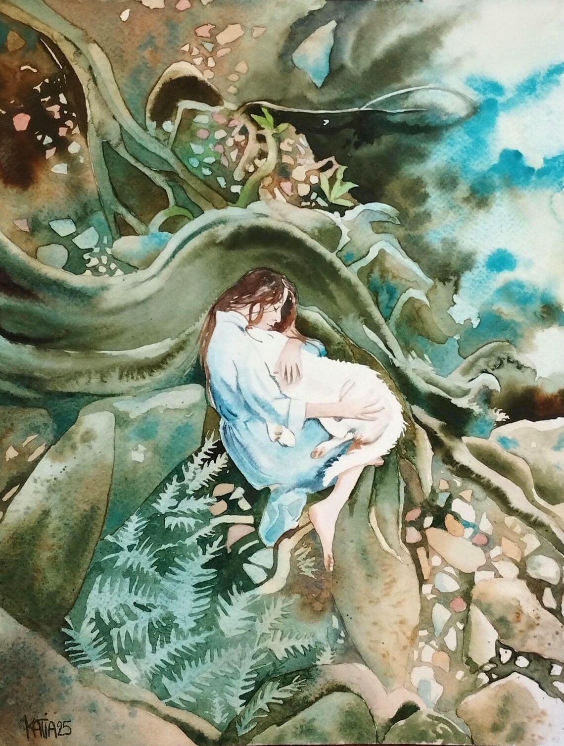 Peinture De Femme Et De Son Chien Paysage De Fort Desse Elfe Fe De La Nature Aimante Aquarelle Originale Art Mural Fantastique De Fille